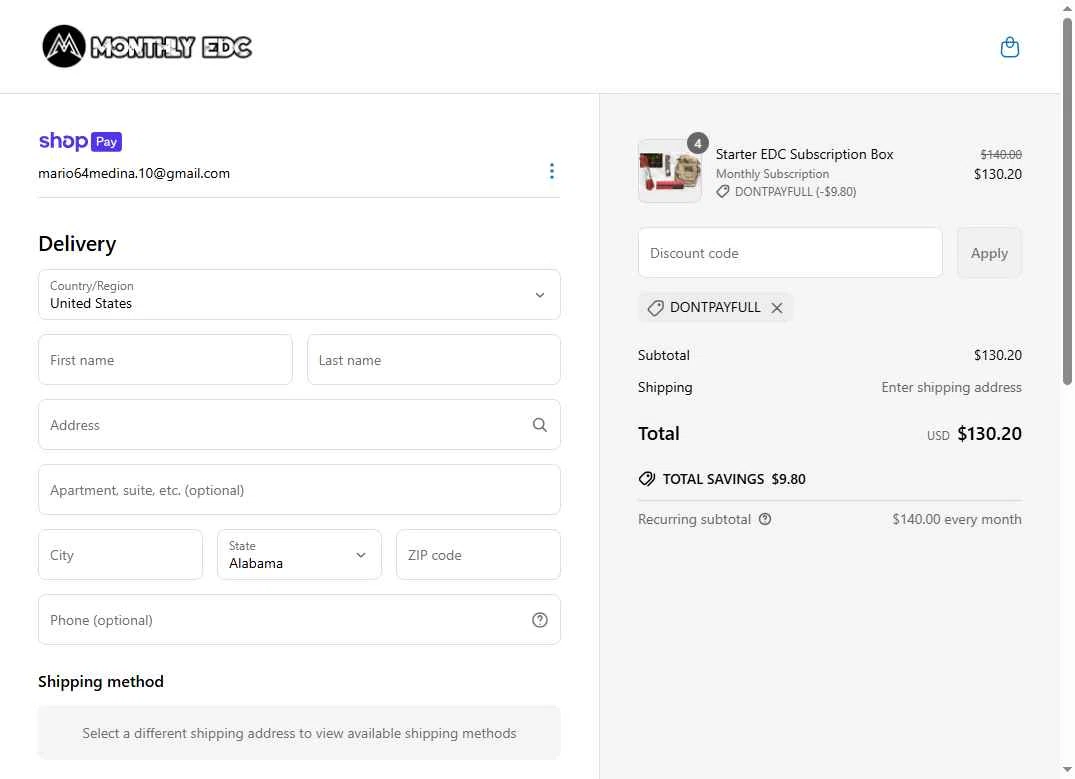 Monthly EDC checkout page showing Monthly EDC promo code box | Screenshot taken by SimplyCodes community member on Apr 30, 2025