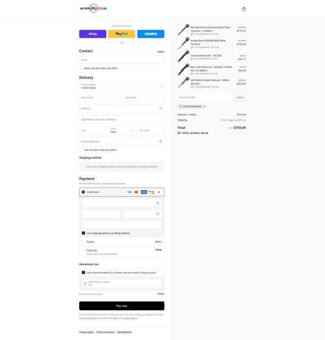 Monthly Knife Club checkout page showing Monthly Knife Club discount code box | Screenshot taken by SimplyCodes community member on Sep 4, 2025