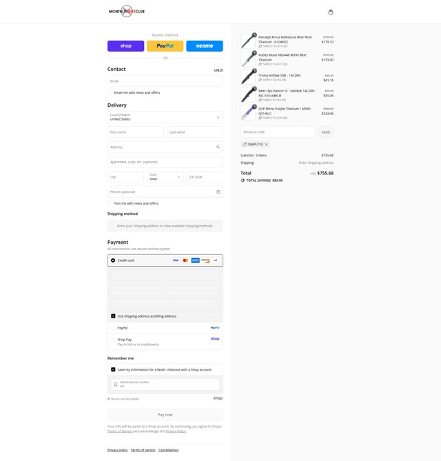 Monthly Knife Club checkout page showing Monthly Knife Club discount code box | Screenshot taken by SimplyCodes community member on Sep 4, 2025