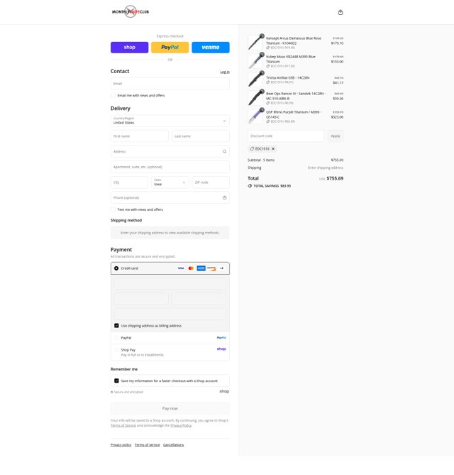 Monthly Knife Club checkout page showing Monthly Knife Club discount code box | Screenshot taken by SimplyCodes community member on Sep 4, 2025