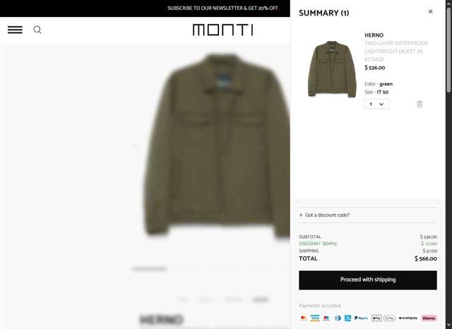 Monti Boutique checkout page showing Monti Boutique promo code box | Screenshot taken by SimplyCodes community member on Apr 20, 2025