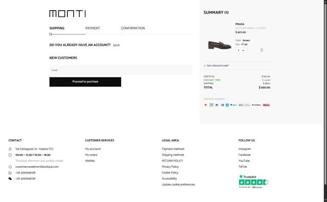 Monti Boutique checkout page showing Monti Boutique promo code box | Screenshot taken by SimplyCodes community member on Aug 20, 2025