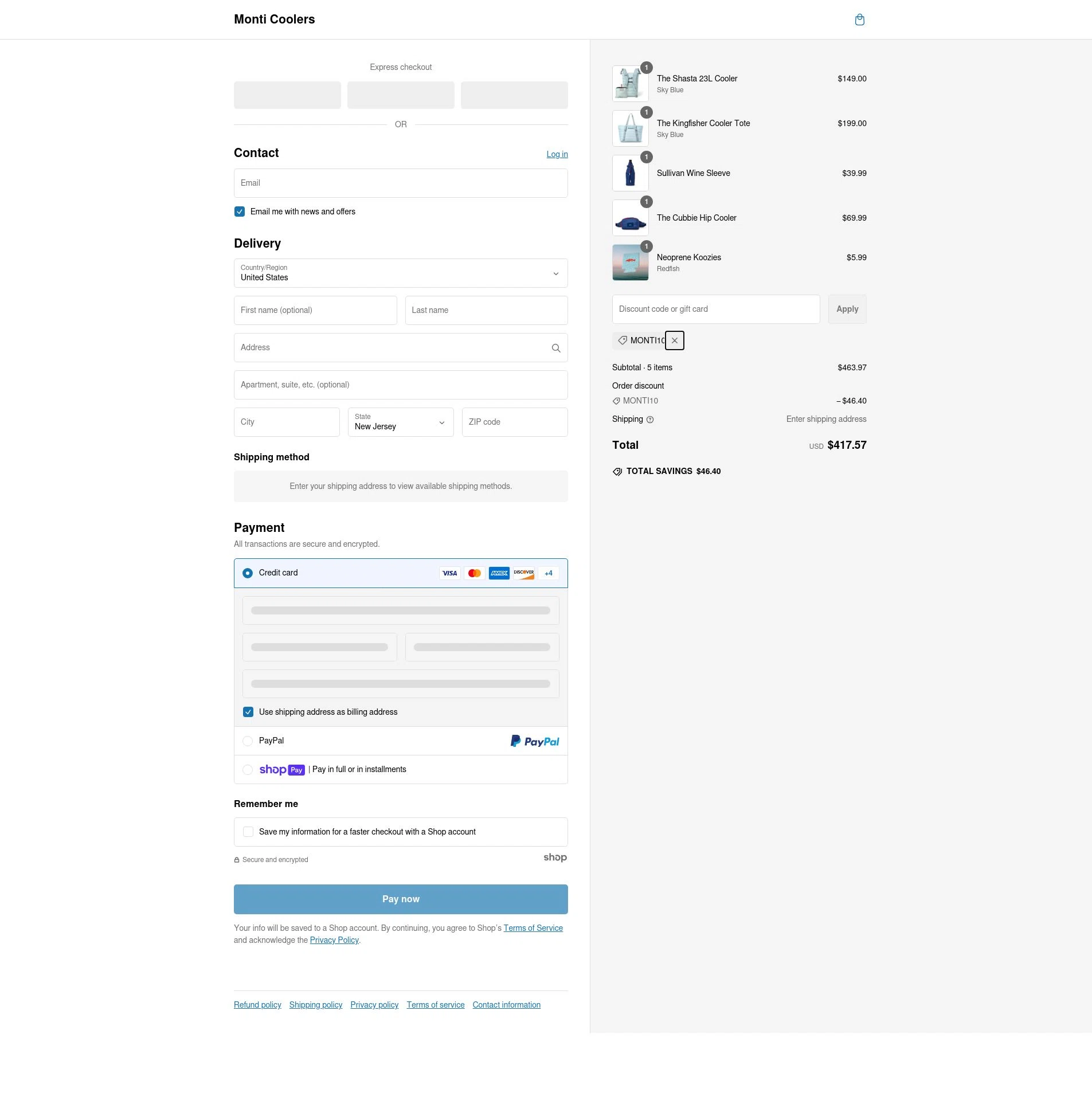 Monti Coolers checkout page showing Monti Coolers discount code box | Screenshot taken by SimplyCodes community member on Mar 4, 2025