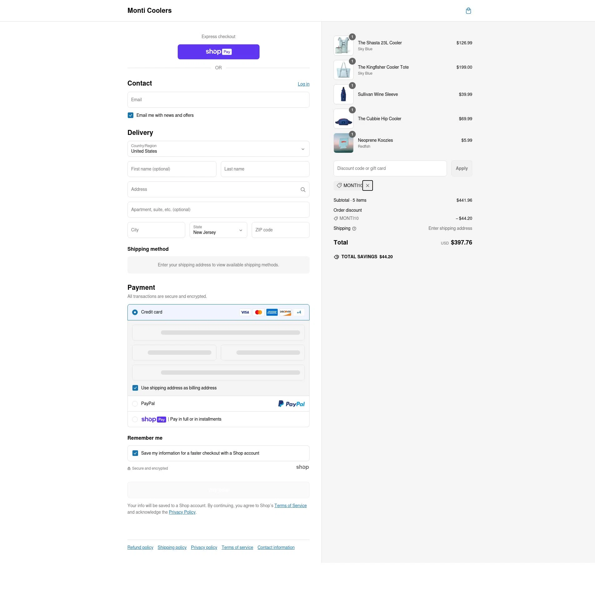 Monti Coolers checkout page showing Monti Coolers discount code box | Screenshot taken by SimplyCodes community member on Mar 4, 2025