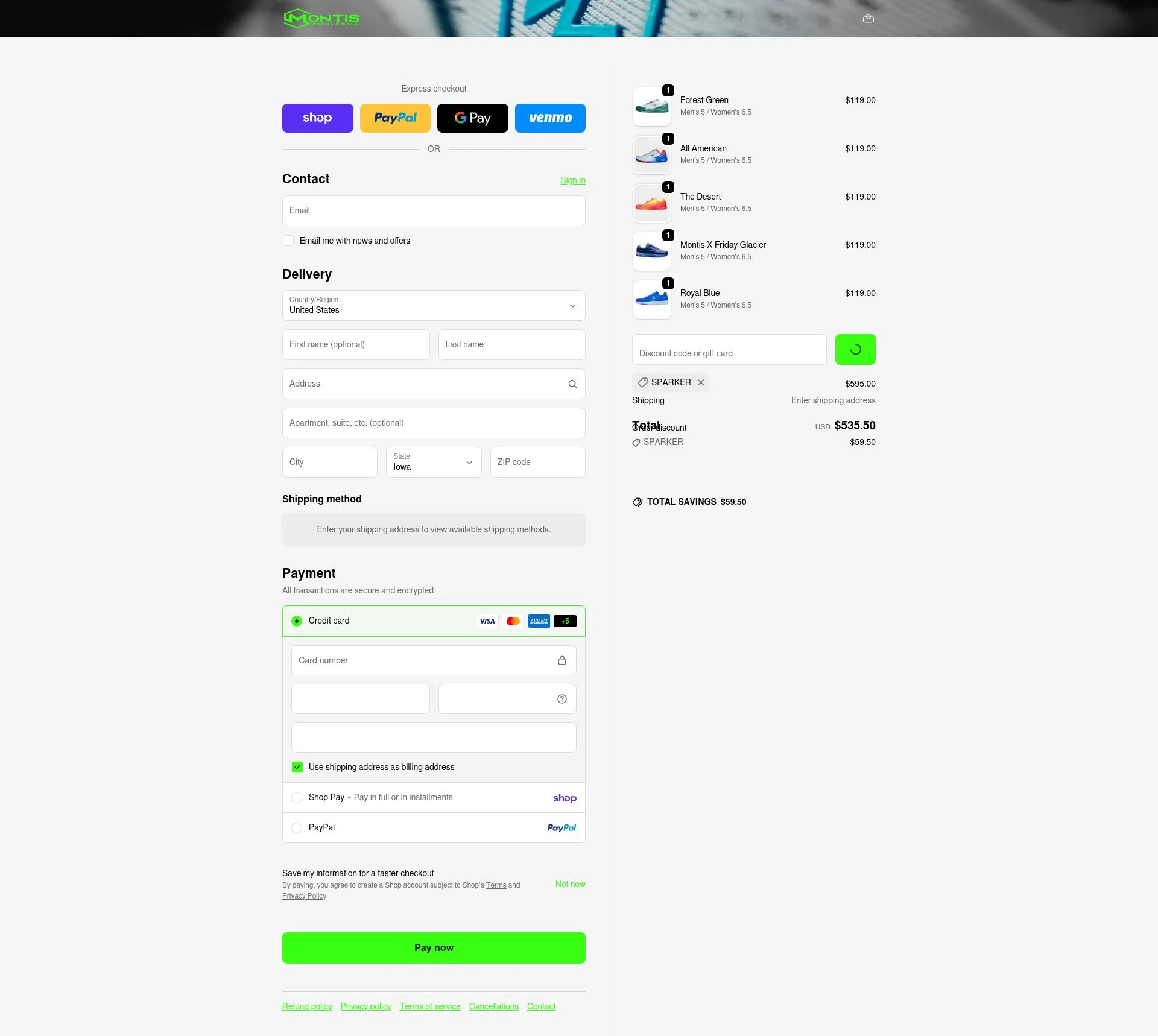 Montis Pickleball checkout page showing Montis Pickleball promo code box | Screenshot taken by SimplyCodes community member on Feb 15, 2026