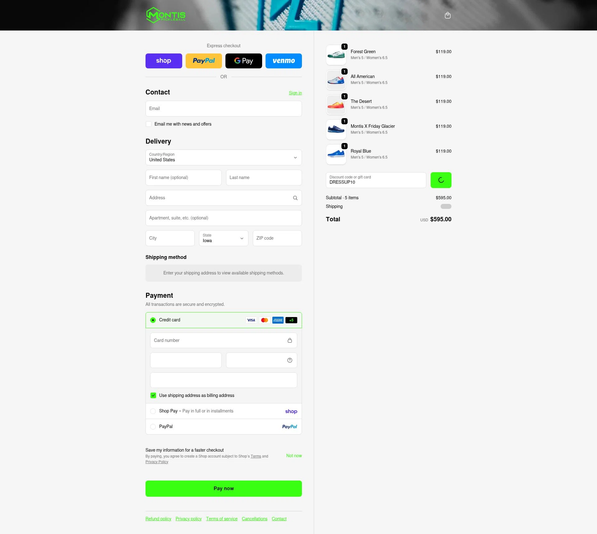 Montis Pickleball checkout page showing Montis Pickleball promo code box | Screenshot taken by SimplyCodes community member on Feb 15, 2026
