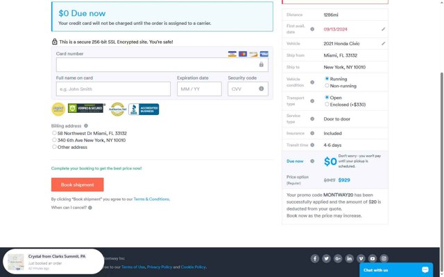 Montway Auto Transport checkout page showing Montway Auto Transport promo code box | Screenshot taken by SimplyCodes community member on Jun 3, 2025