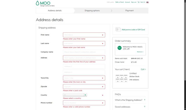 MOO checkout page showing MOO promo code box | Screenshot taken by SimplyCodes community member on Aug 10, 2025