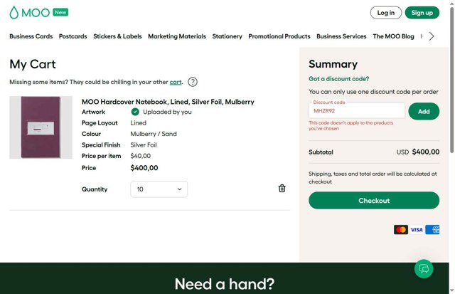 MOO checkout page showing MOO promo code box | Screenshot taken by SimplyCodes community member on Aug 22, 2025