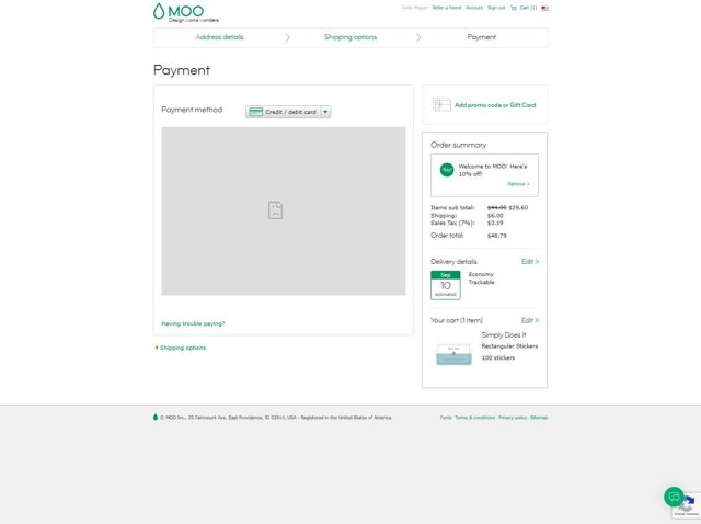 MOO checkout page showing MOO promo code box | Screenshot taken by SimplyCodes community member on Aug 26, 2025
