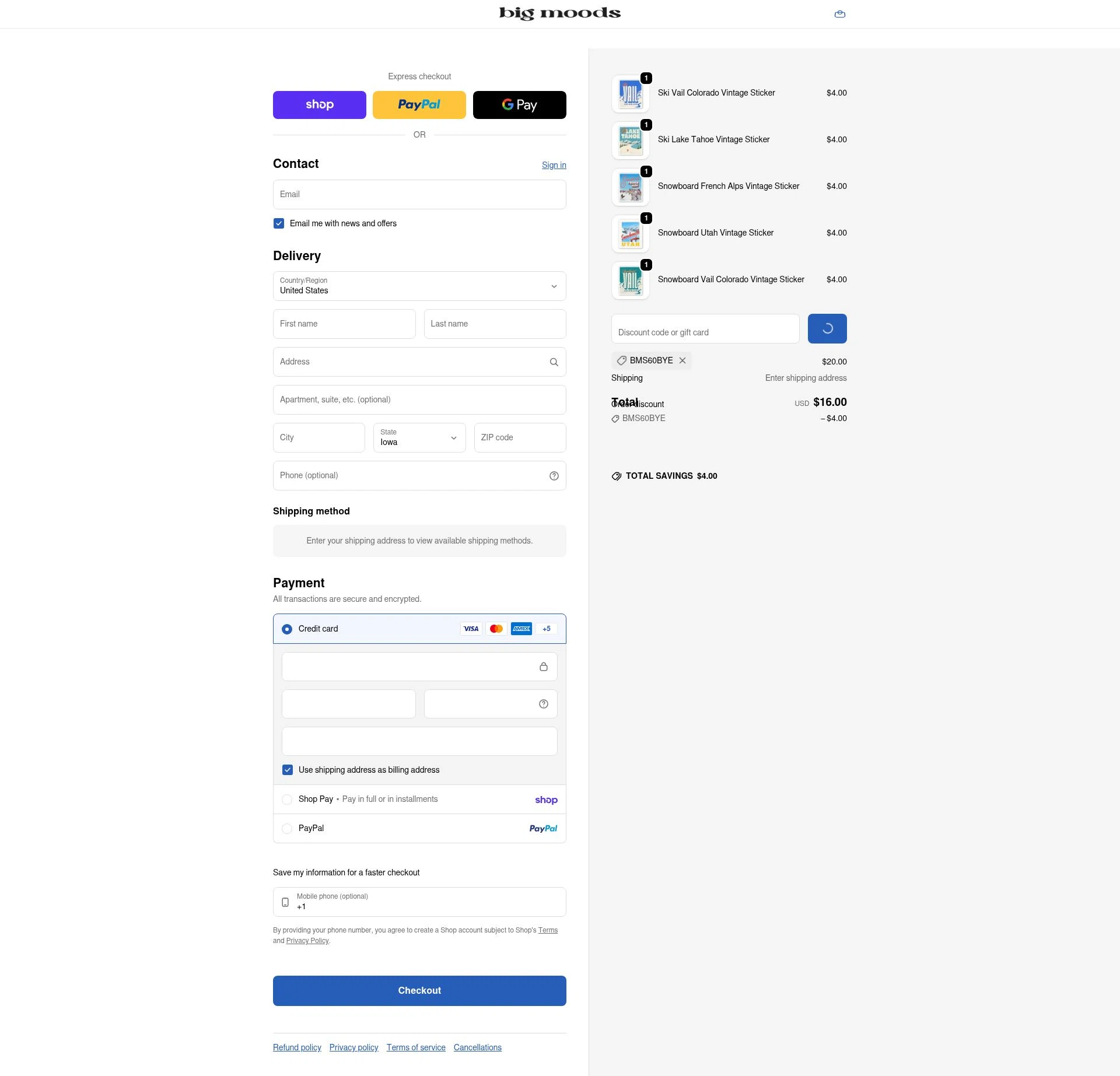 Big Moods checkout page showing Big Moods discount code box | Screenshot taken by SimplyCodes community member on Feb 5, 2026