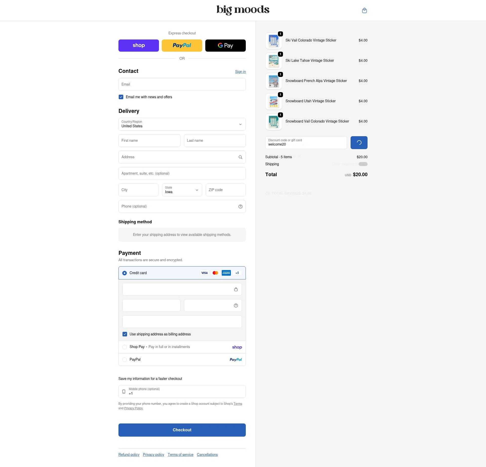 Big Moods checkout page showing Big Moods discount code box | Screenshot taken by SimplyCodes community member on Feb 5, 2026