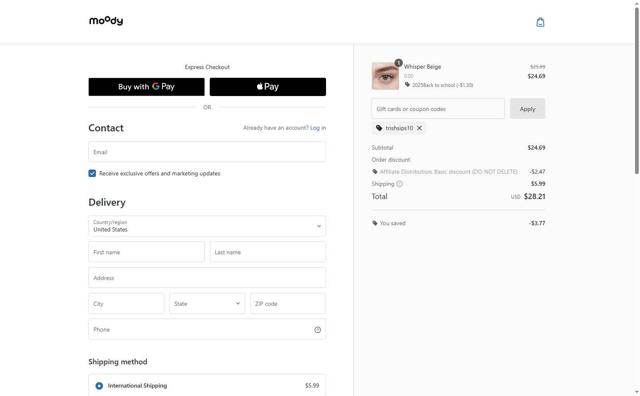 moodylenses checkout page showing moodylenses promo code box | Screenshot taken by SimplyCodes community member on Aug 23, 2025