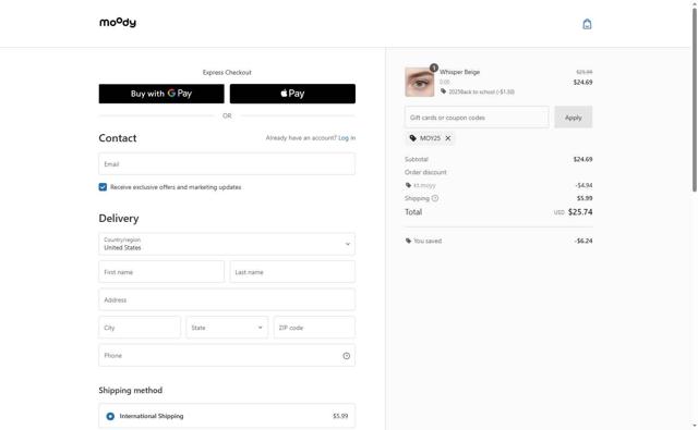 moodylenses checkout page showing moodylenses promo code box | Screenshot taken by SimplyCodes community member on Aug 23, 2025