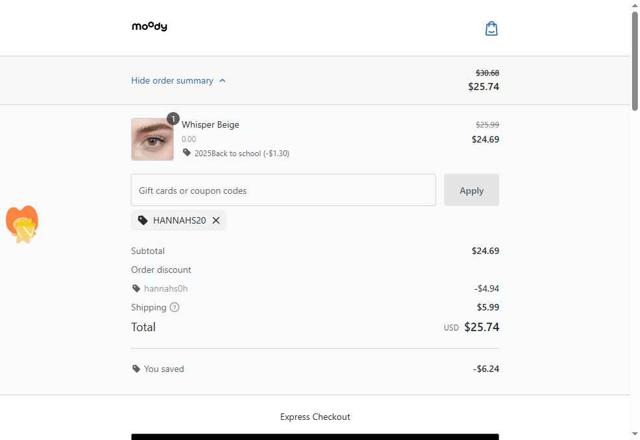 moodylenses checkout page showing moodylenses promo code box | Screenshot taken by SimplyCodes community member on Aug 23, 2025