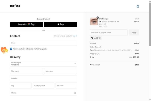 moodylenses checkout page showing moodylenses promo code box | Screenshot taken by SimplyCodes community member on Sep 5, 2025