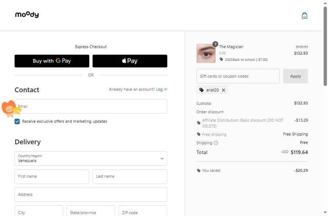 moodylenses checkout page showing moodylenses promo code box | Screenshot taken by SimplyCodes community member on Aug 23, 2025