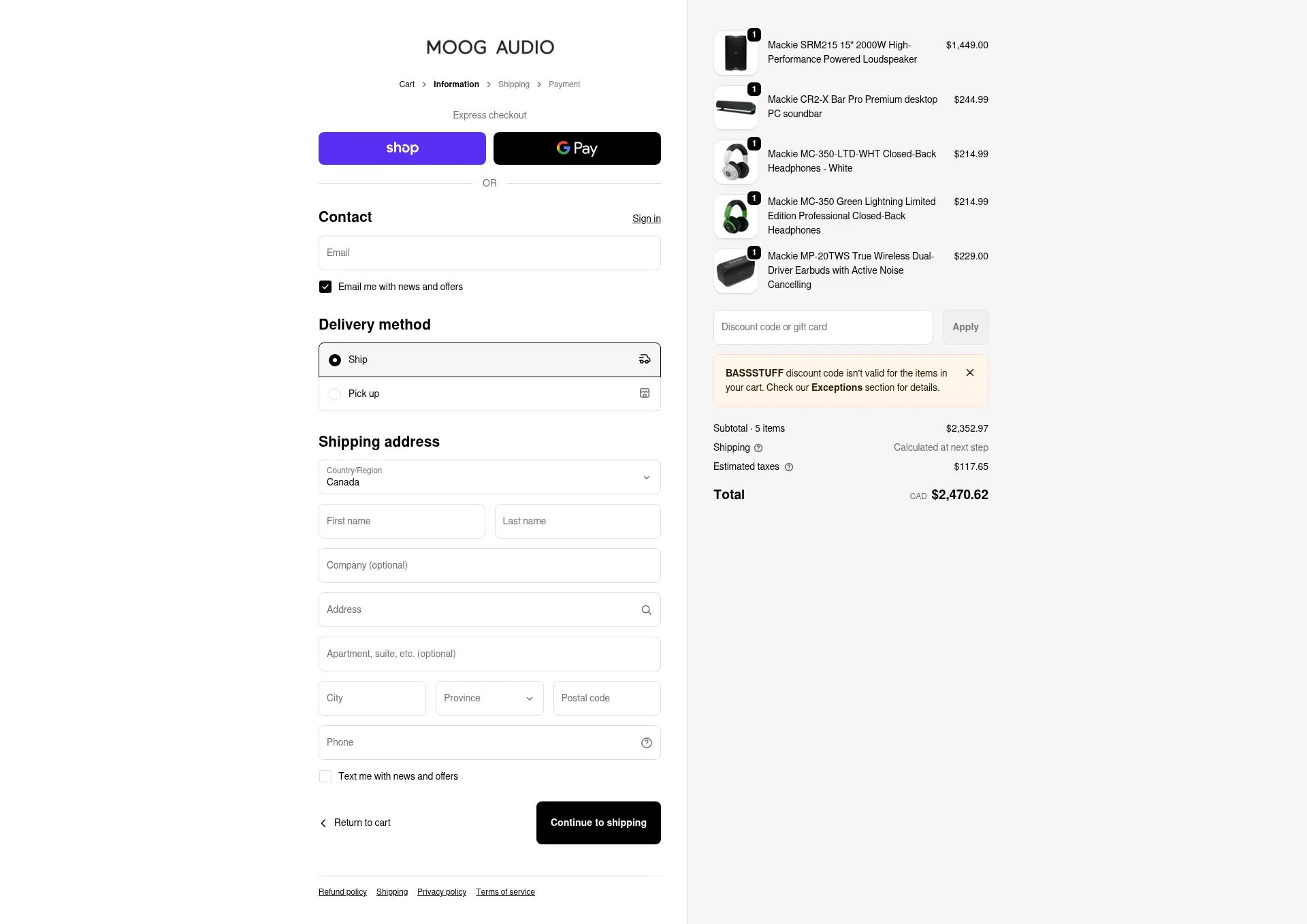 Moog Audio checkout page showing Moog Audio discount code box | Screenshot taken by SimplyCodes community member on Jan 20, 2026
