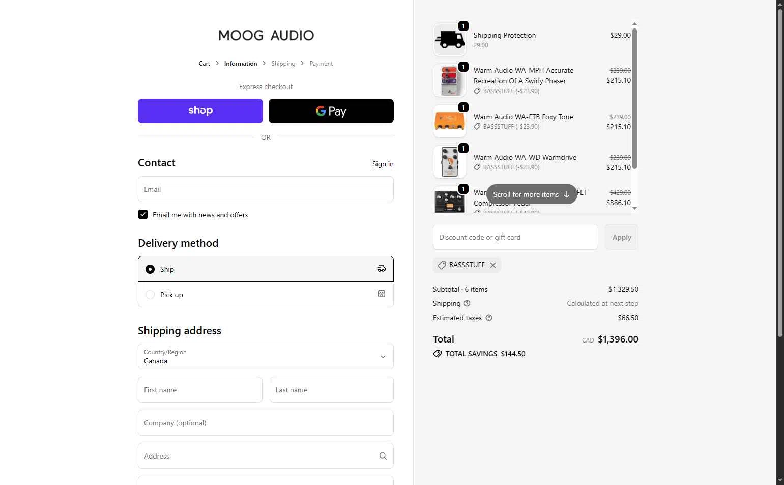 Moog Audio checkout page showing Moog Audio discount code box | Screenshot taken by SimplyCodes community member on Jan 20, 2026