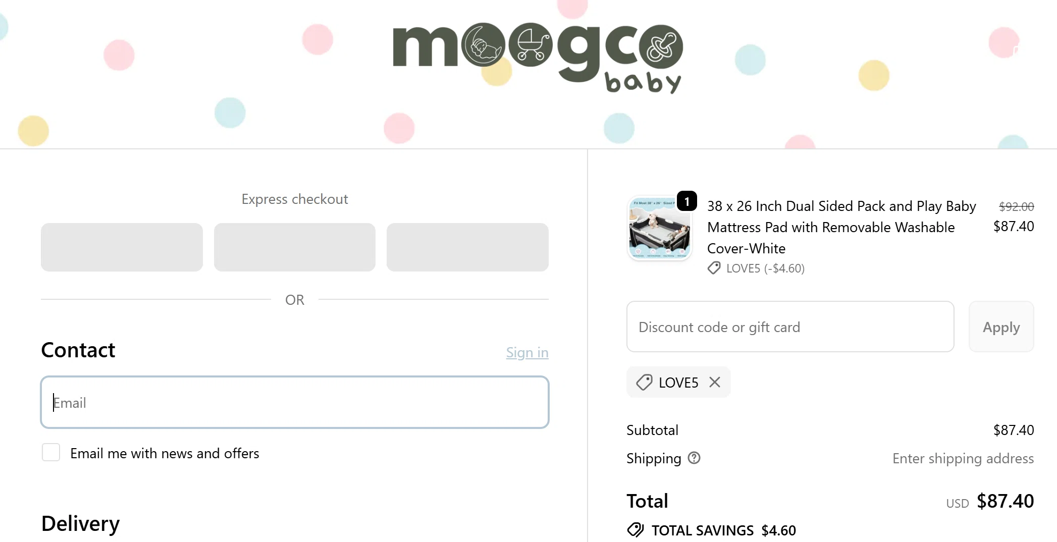Moogco Baby promo code screenshot showing code LOVE5 applied at Moogco Baby checkout page. Uploaded by SimplyCodes community member GloriousWarden on Dec 10, 2025
