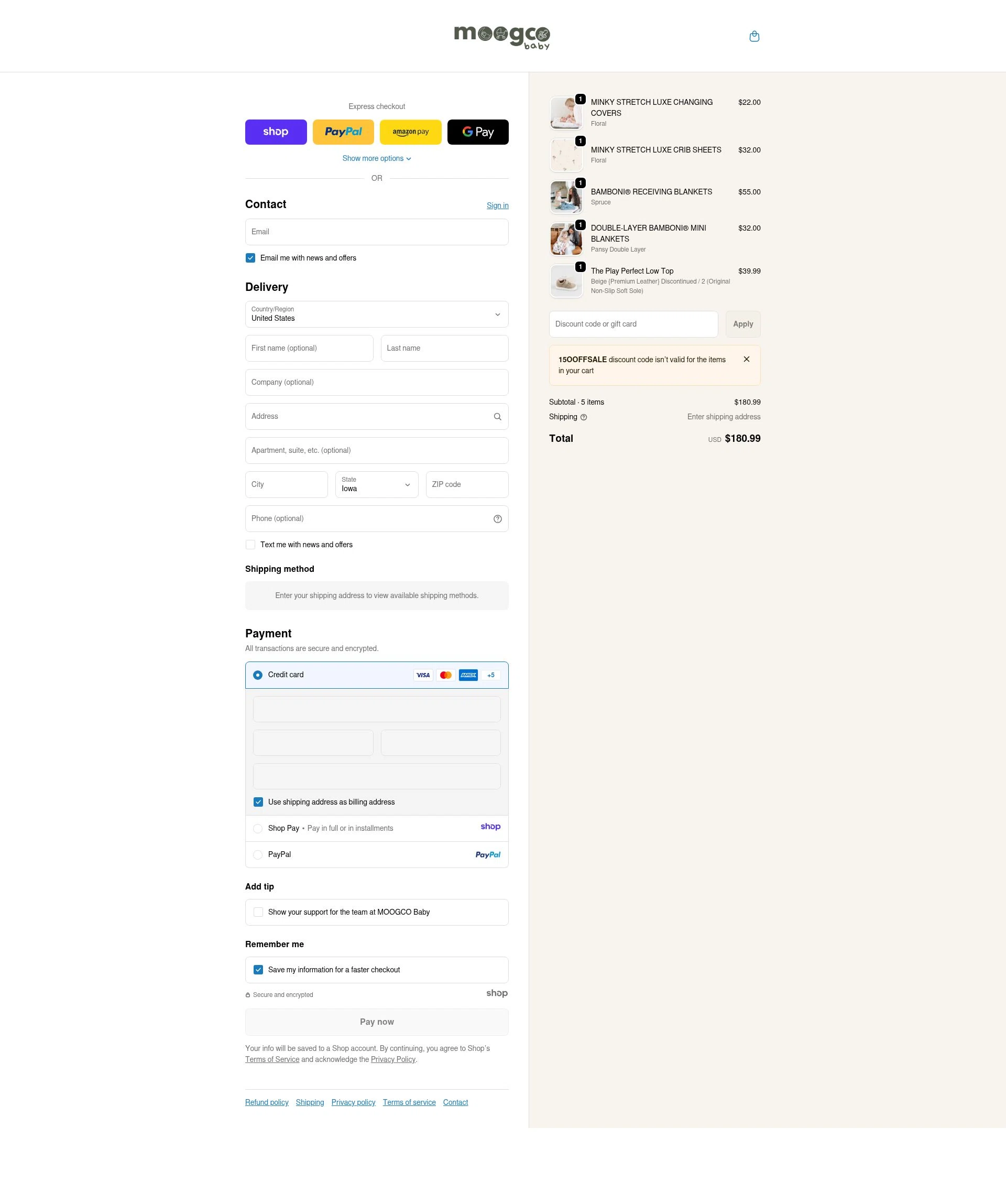 Moogco Baby checkout page showing Moogco Baby promo code box | Screenshot taken by SimplyCodes community member on Jan 7, 2026