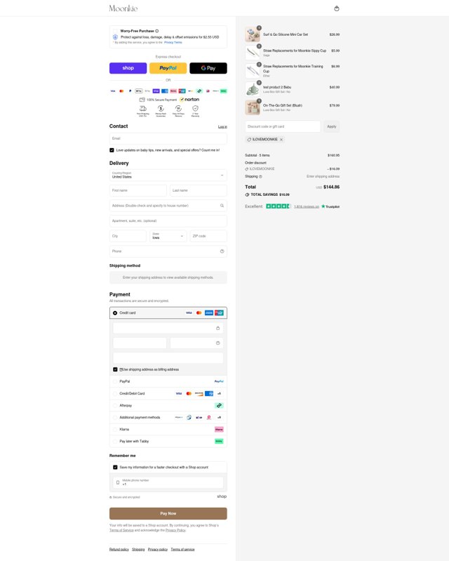 Moonkie checkout page showing Moonkie discount code box | Screenshot taken by SimplyCodes community member on Sep 4, 2025