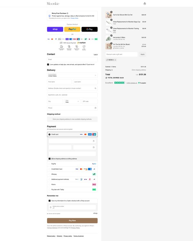 Moonkie checkout page showing Moonkie discount code box | Screenshot taken by SimplyCodes community member on Sep 4, 2025