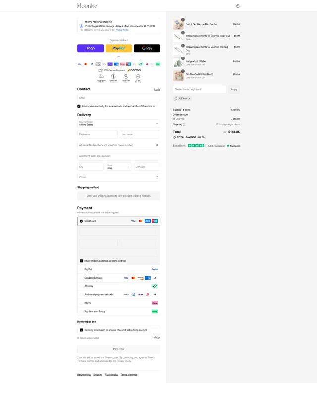 Moonkie checkout page showing Moonkie discount code box | Screenshot taken by SimplyCodes community member on Sep 4, 2025