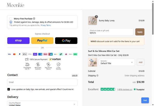 Moonkie checkout page showing Moonkie discount code box | Screenshot taken by SimplyCodes community member on Sep 4, 2025