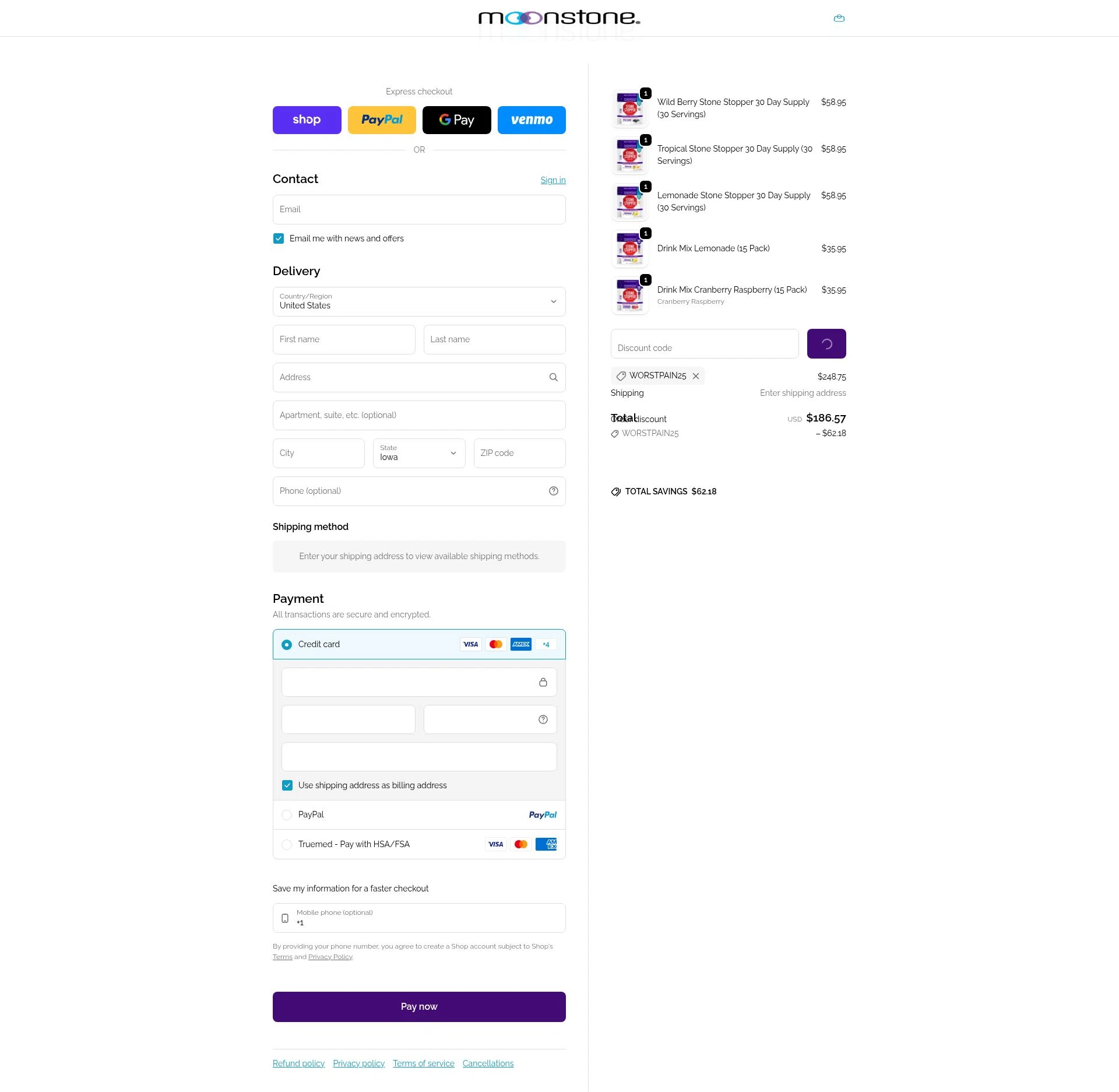 Moonstone checkout page showing Moonstone promo code box | Screenshot taken by SimplyCodes community member on Feb 11, 2026