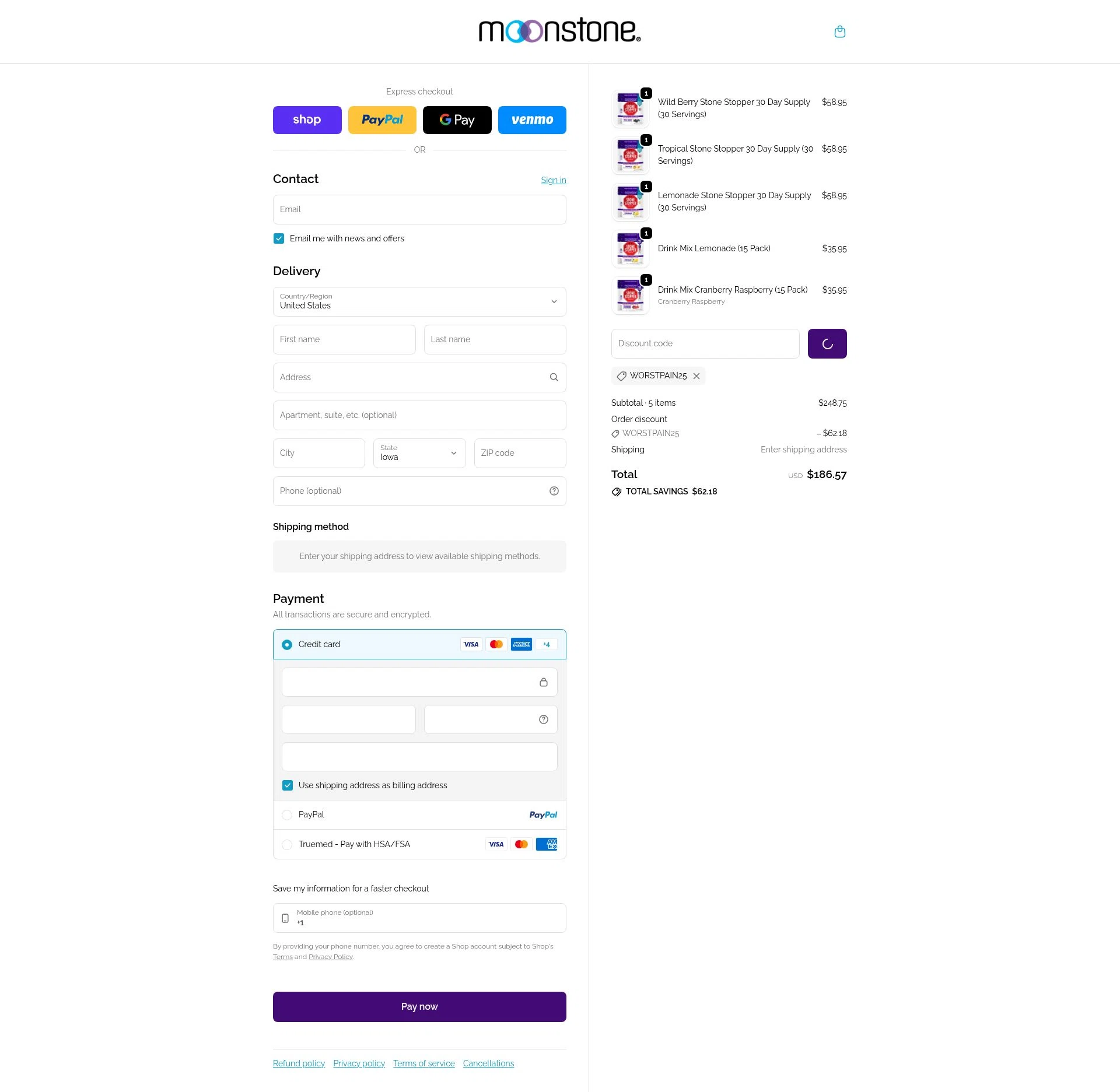Moonstone checkout page showing Moonstone promo code box | Screenshot taken by SimplyCodes community member on Feb 3, 2026