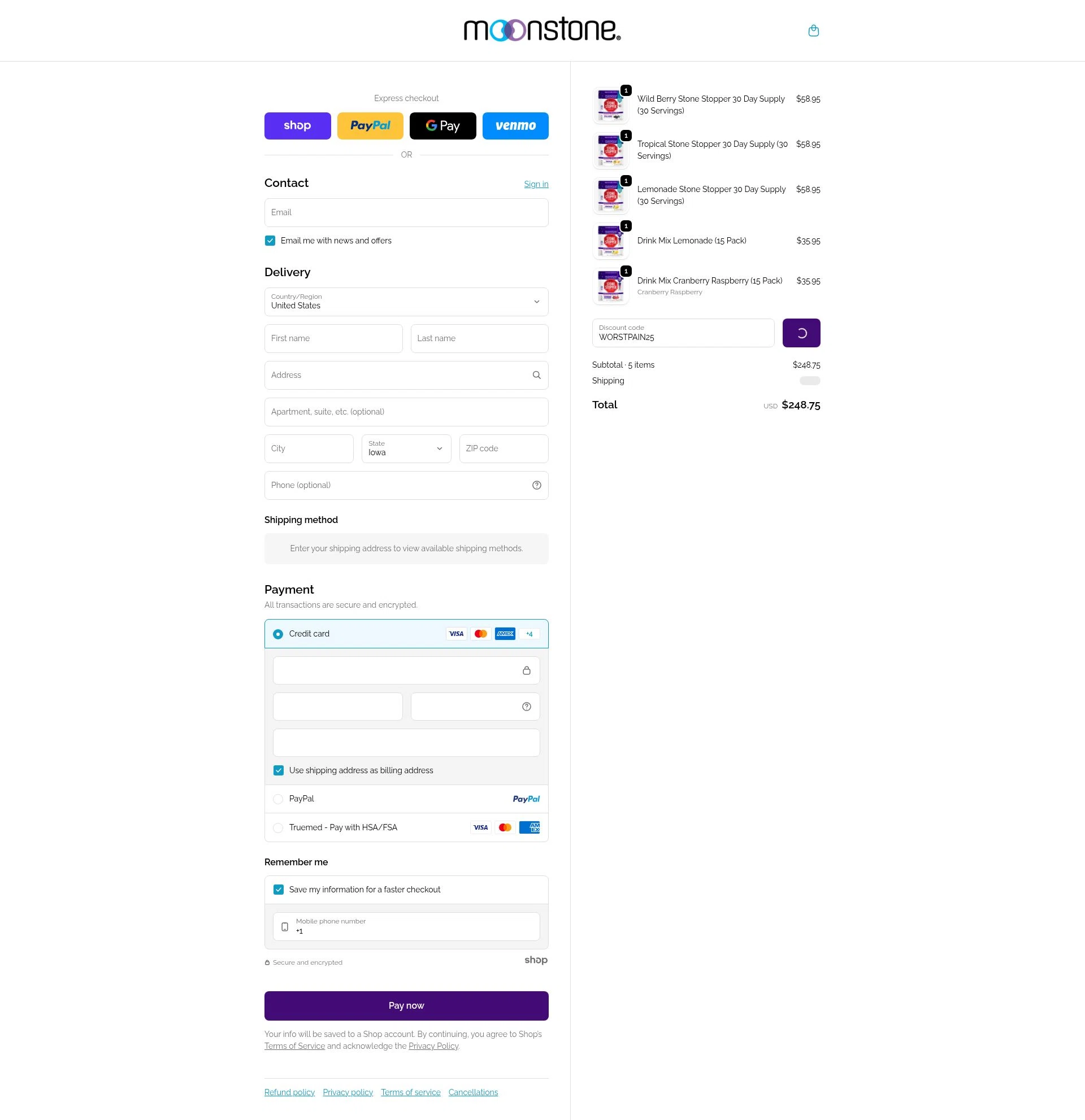 Moonstone checkout page showing Moonstone promo code box | Screenshot taken by SimplyCodes community member on Jan 29, 2026