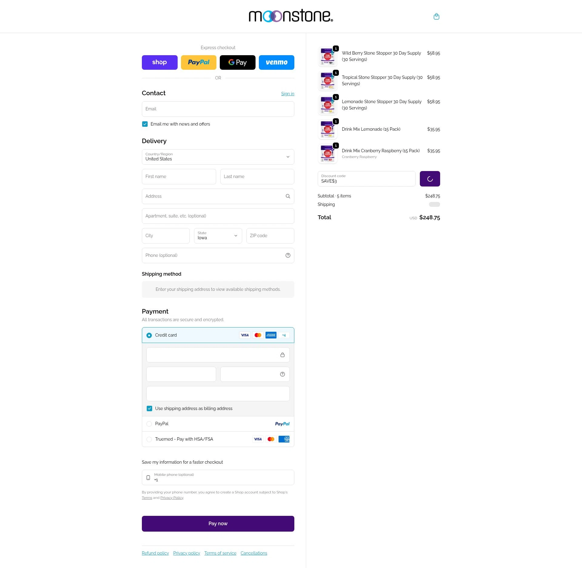 Moonstone checkout page showing Moonstone promo code box | Screenshot taken by SimplyCodes community member on Feb 3, 2026