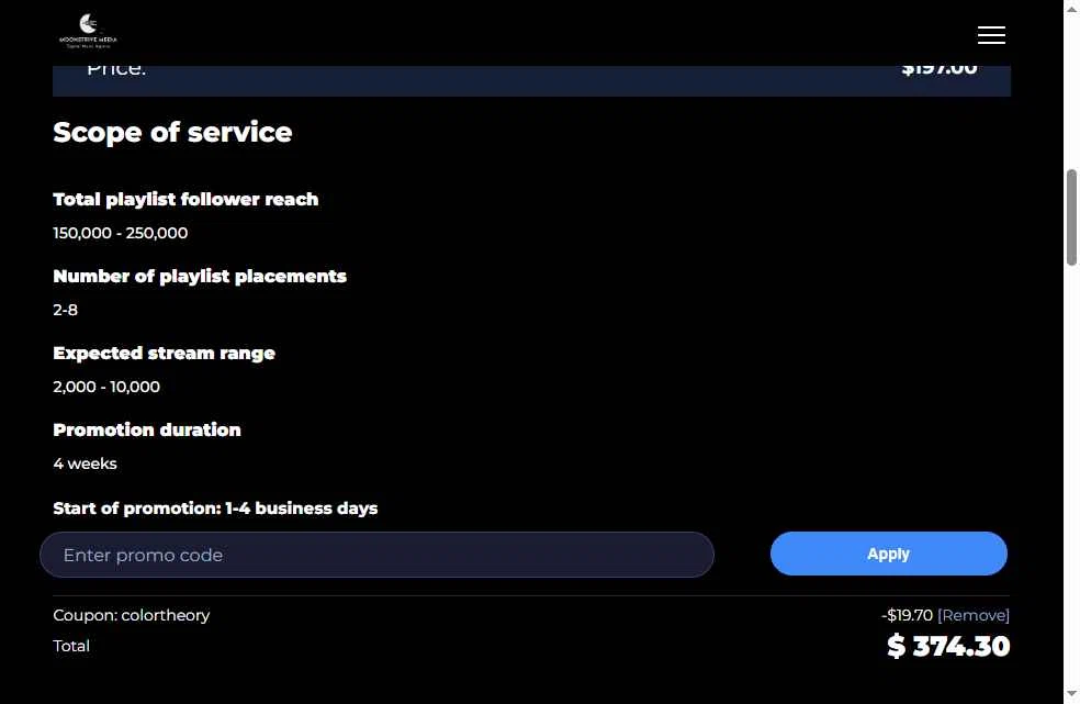 Moonstrive Media checkout page showing Moonstrive Media promo code box | Screenshot taken by SimplyCodes community member on Feb 19, 2026