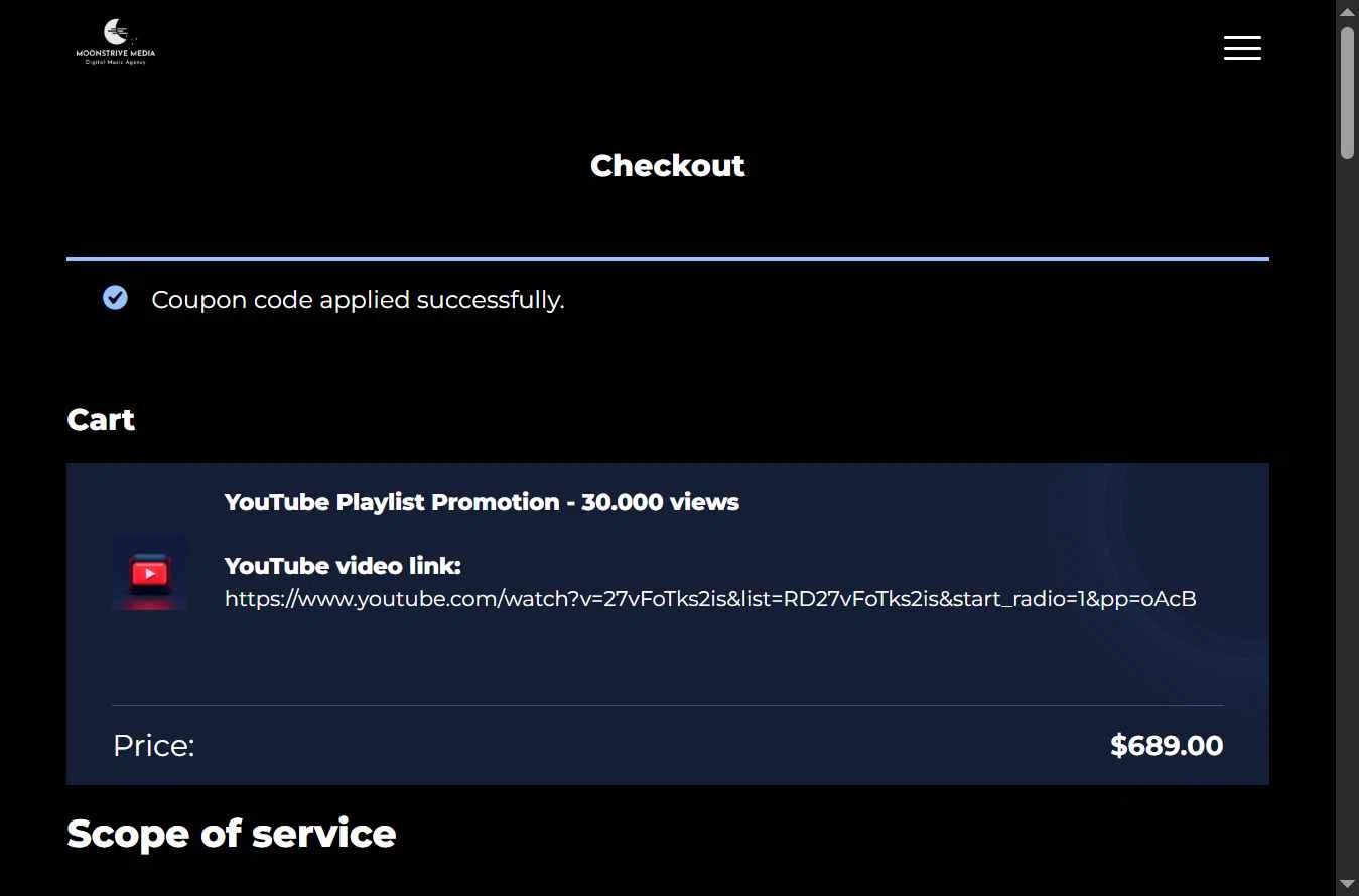Moonstrive Media checkout page showing Moonstrive Media promo code box | Screenshot taken by SimplyCodes community member on Jan 2, 2026