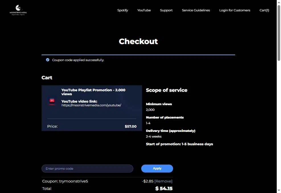 Moonstrive Media checkout page showing Moonstrive Media promo code box | Screenshot taken by SimplyCodes community member on Jan 31, 2026