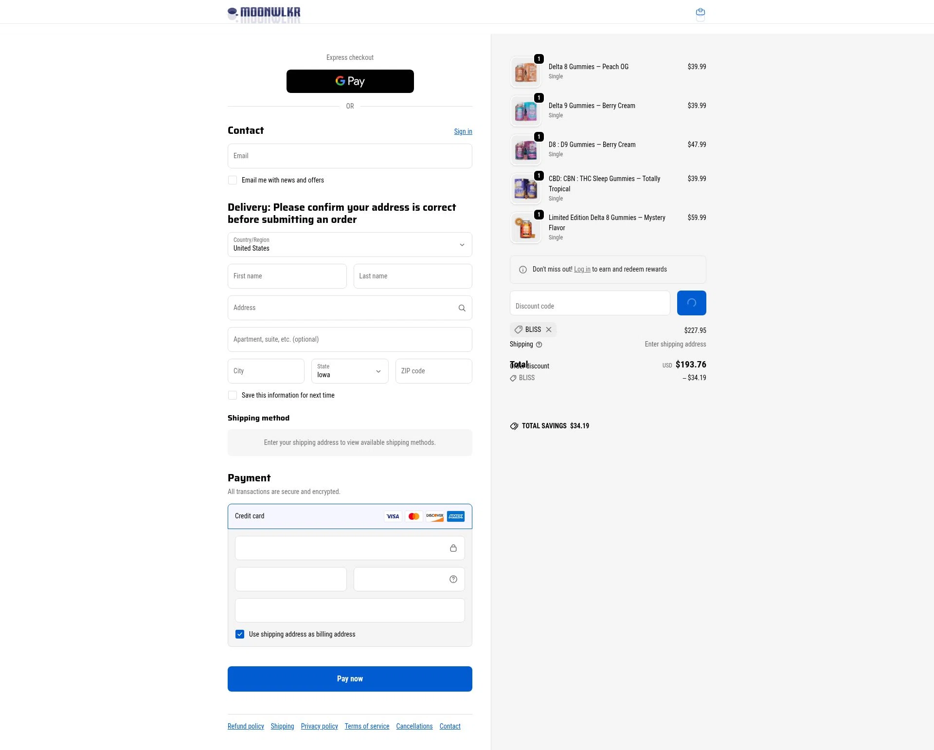 MoonWlkr checkout page showing MoonWlkr coupon code box | Screenshot taken by SimplyCodes community member on Feb 11, 2026