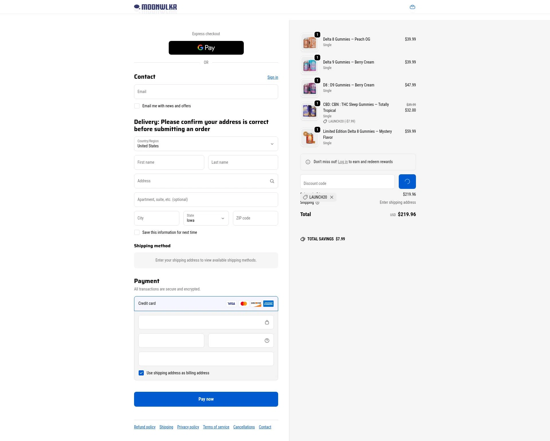 MoonWlkr checkout page showing MoonWlkr coupon code box | Screenshot taken by SimplyCodes community member on Feb 11, 2026