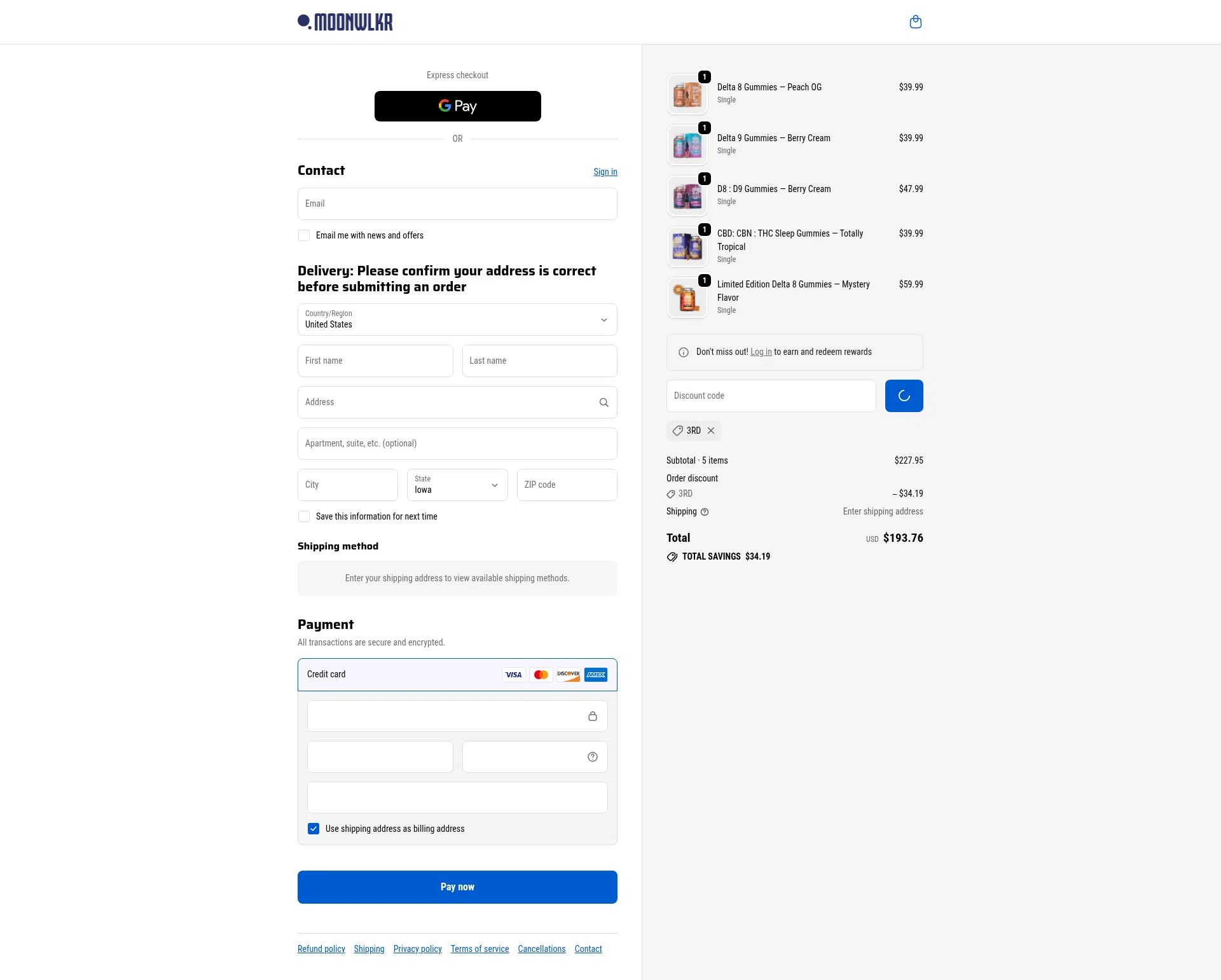 MoonWlkr checkout page showing MoonWlkr coupon code box | Screenshot taken by SimplyCodes community member on Feb 11, 2026