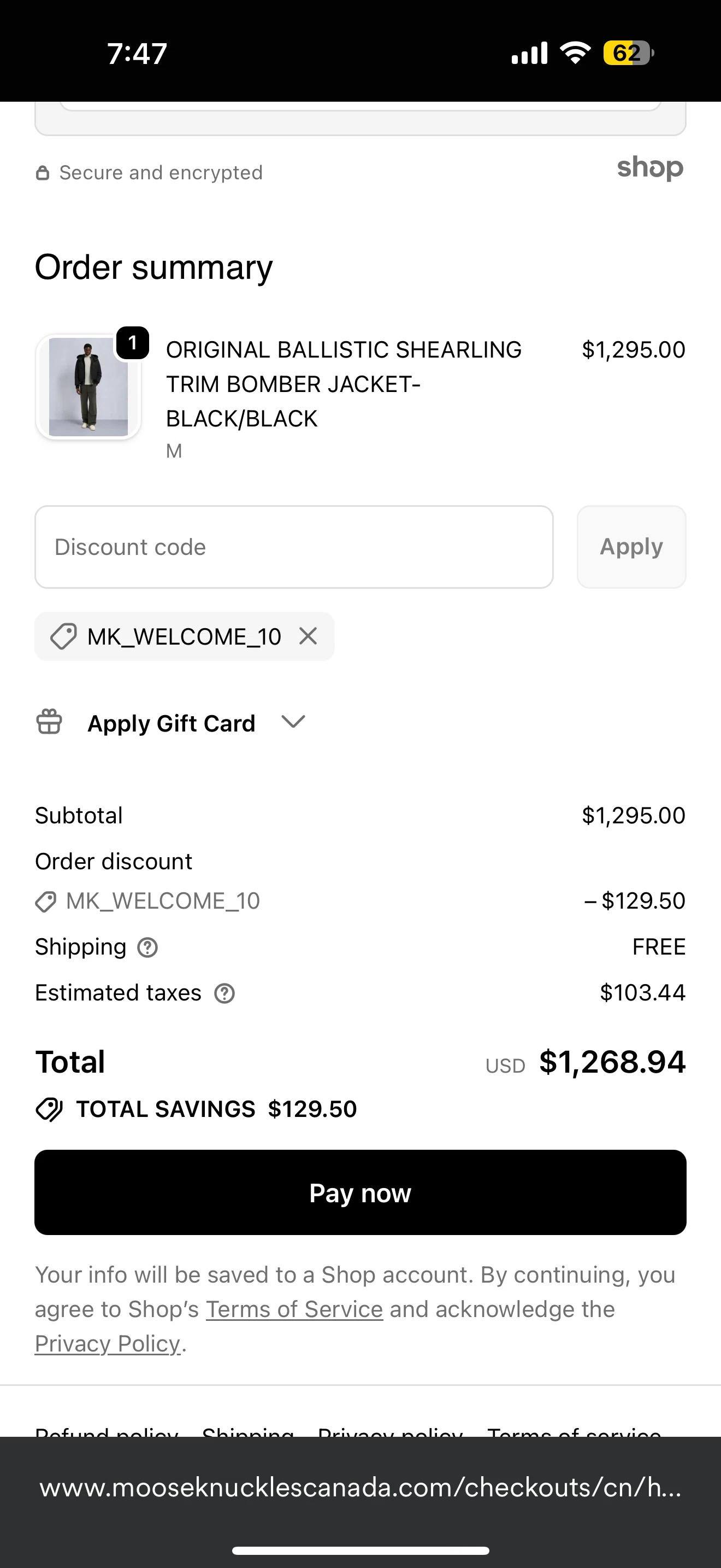 Moose Knuckles promo code screenshot showing code MK_WELCOME_10 applied at Moose Knuckles checkout page. Uploaded by SimplyCodes community member Ibrahim_NYC on Dec 8, 2025