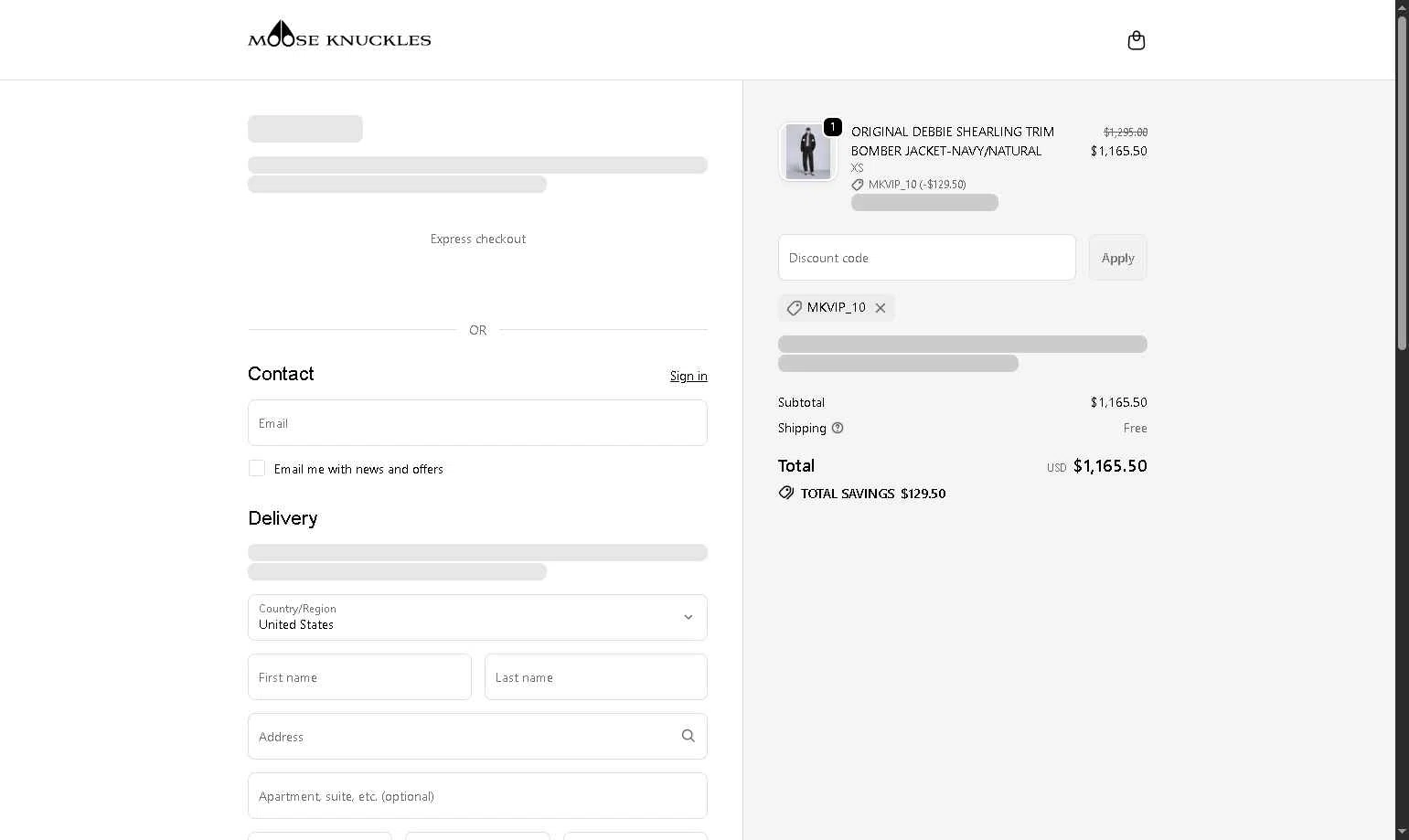 Moose Knuckles checkout page showing Moose Knuckles promo code box | Screenshot taken by SimplyCodes community member on Jan 28, 2026