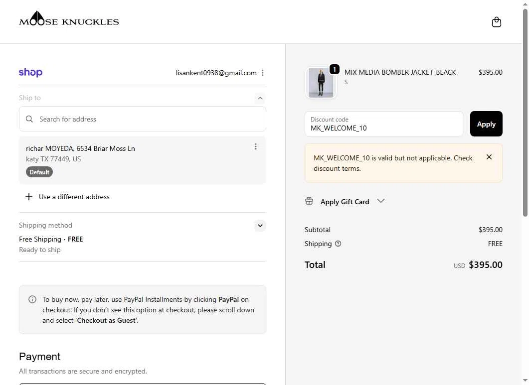 Moose Knuckles checkout page showing Moose Knuckles promo code box | Screenshot taken by SimplyCodes community member on Dec 1, 2025
