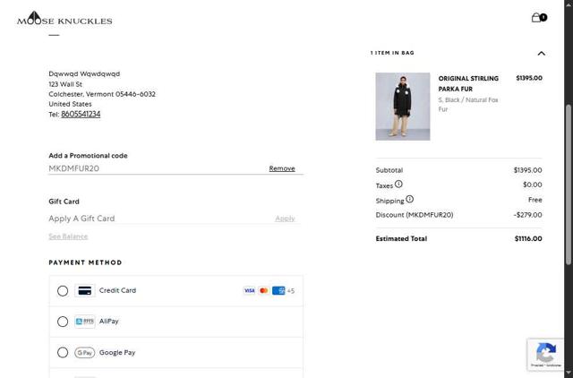 Moose Knuckles checkout page showing Moose Knuckles promo code box | Screenshot taken by SimplyCodes community member on Jun 19, 2025