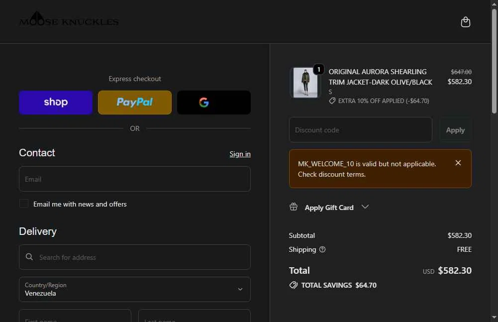 Moose Knuckles checkout page showing Moose Knuckles promo code box | Screenshot taken by SimplyCodes community member on Feb 9, 2026
