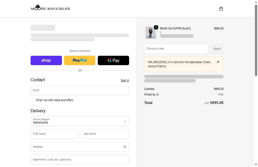 Moose Knuckles checkout page showing Moose Knuckles promo code box | Screenshot taken by SimplyCodes community member on Jan 4, 2026