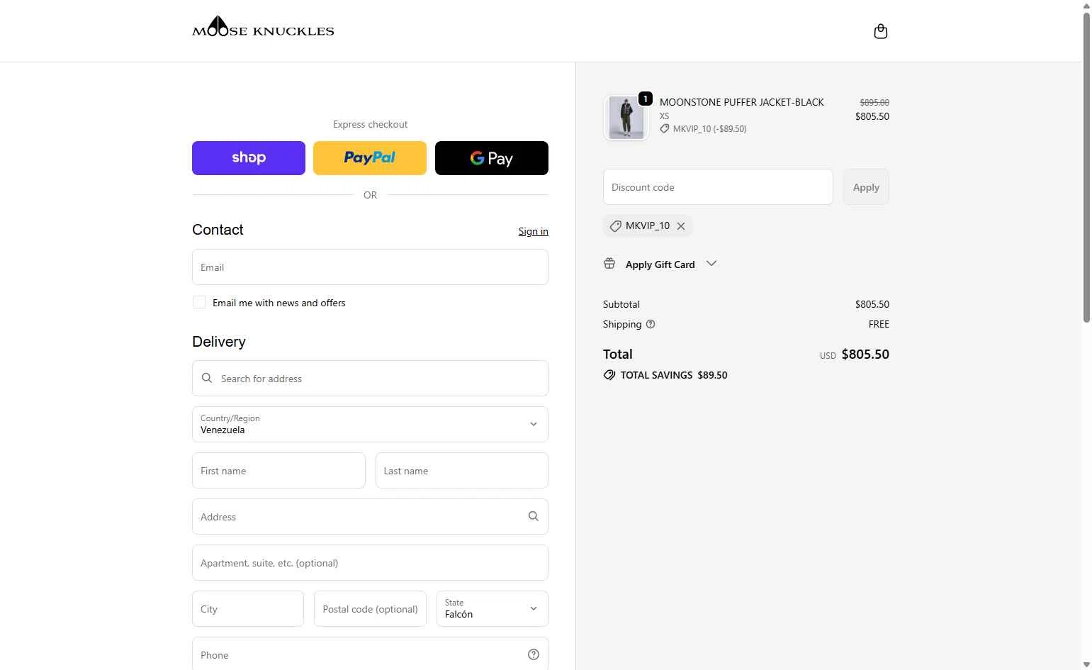Moose Knuckles checkout page showing Moose Knuckles promo code box | Screenshot taken by SimplyCodes community member on Dec 31, 2025