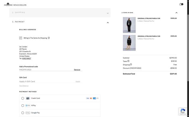 Moose Knuckles checkout page showing Moose Knuckles promo code box | Screenshot taken by SimplyCodes community member on Jun 19, 2025