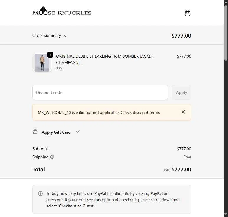 Moose Knuckles checkout page showing Moose Knuckles promo code box | Screenshot taken by SimplyCodes community member on Jan 14, 2026
