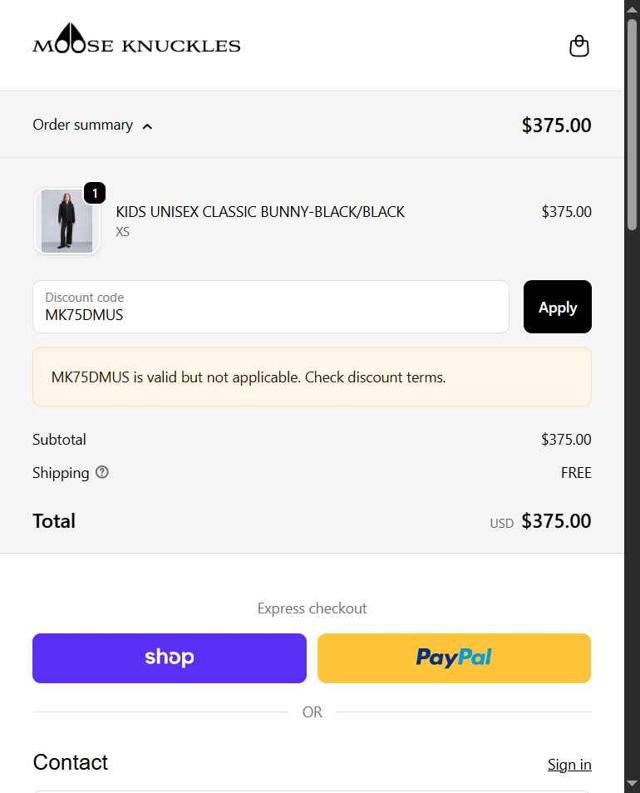 Moose Knuckles checkout page showing Moose Knuckles promo code box | Screenshot taken by SimplyCodes community member on Sep 18, 2025