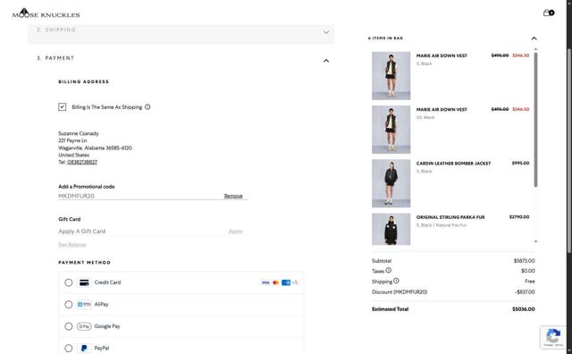Moose Knuckles checkout page showing Moose Knuckles promo code box | Screenshot taken by SimplyCodes community member on Jun 30, 2025